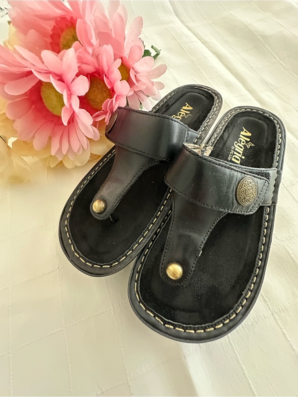 Alegria Black Leather Thong Sandals with Brass Stud Detail Never Worn!